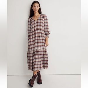 Madewell Plaid Midi Dress in Red and Blue